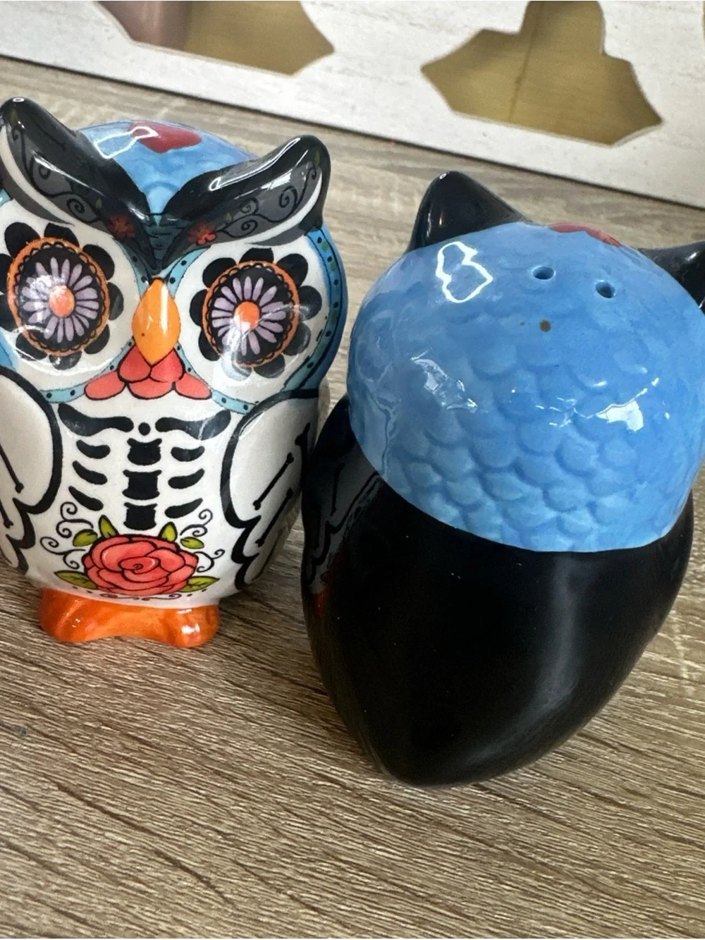 Source Unknown Day of the Dead Owl Salt and Pepper Shakers - Blue, Black, Orange